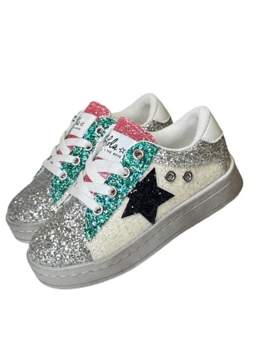 Lola + The Boys Glitter Star Sneakers in Silver, Green & Pink